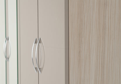 Nevada 4 Door 2 Drawer Mirrored Wardrobe - Oyster Gloss/Light Oak Effect Veneer