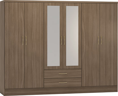 Nevada 6 Door 2 Drawer Mirrored Wardrobe - Rustic Oak Effect