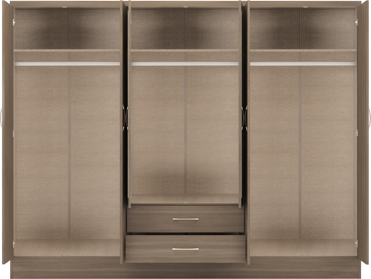 Nevada 6 Door 2 Drawer Mirrored Wardrobe - Rustic Oak Effect