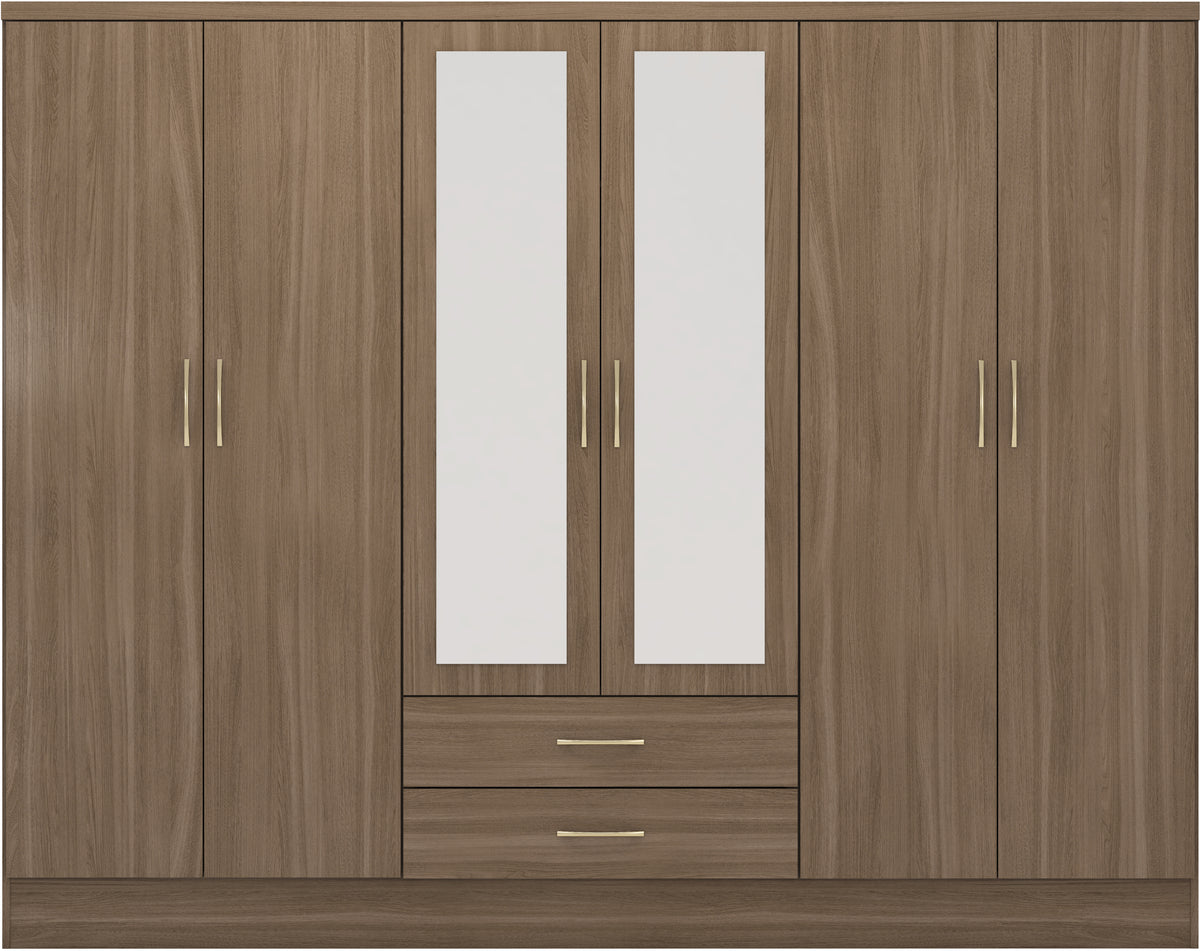 Nevada 6 Door 2 Drawer Mirrored Wardrobe - Rustic Oak Effect