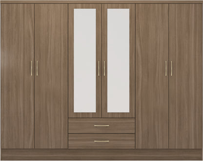 Nevada 6 Door 2 Drawer Mirrored Wardrobe - Rustic Oak Effect