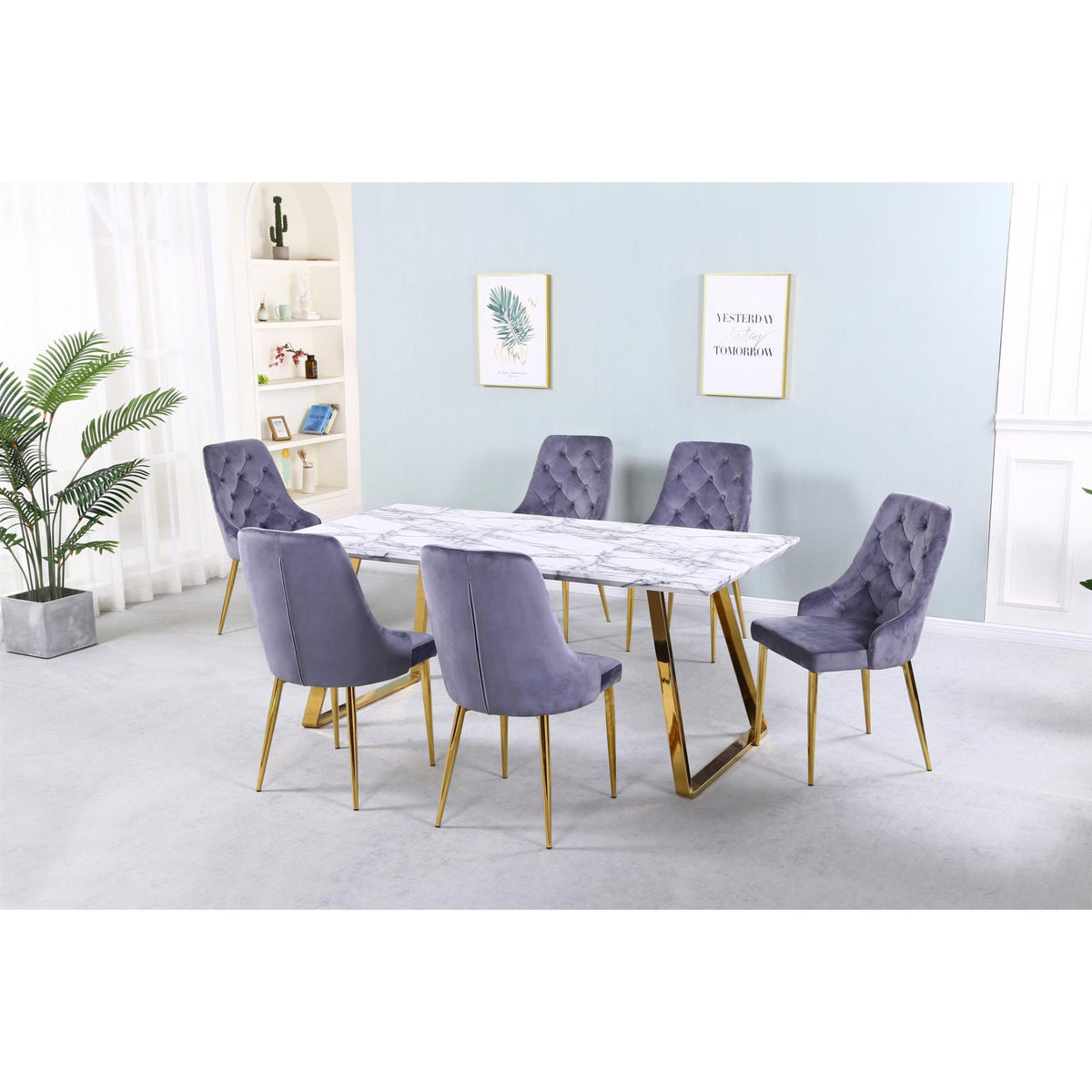 Newchapel Velvet Dining Chair Light Grey & Gold - Gold, Light Grey (Set of 4)