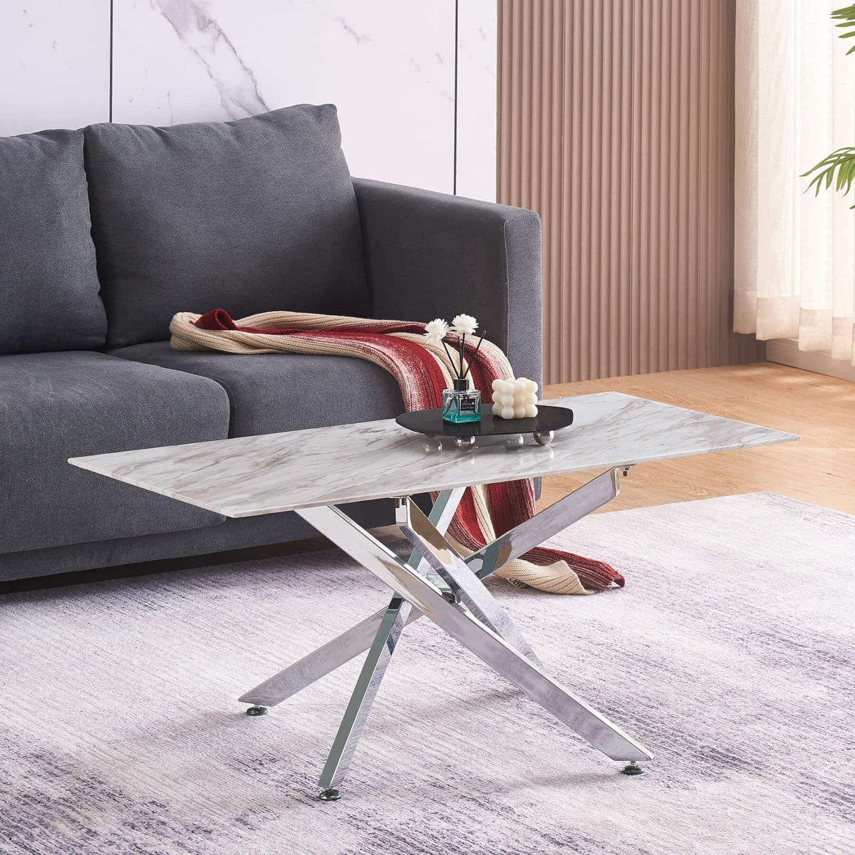 Scimitar Marble Effect Glass Coffee Table with Silver Legs