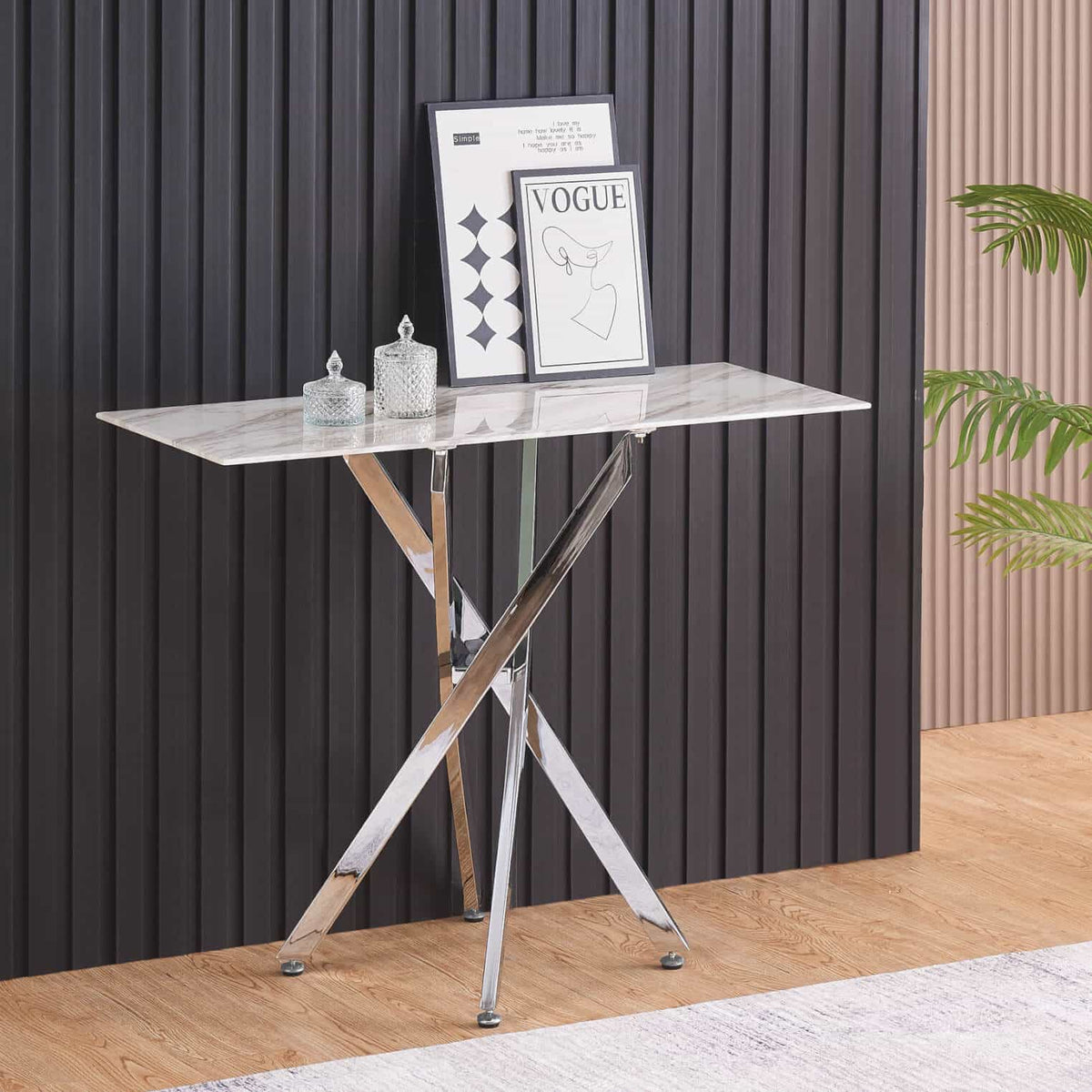 Scimitar Marble Effect Glass Console Table with Silver Legs