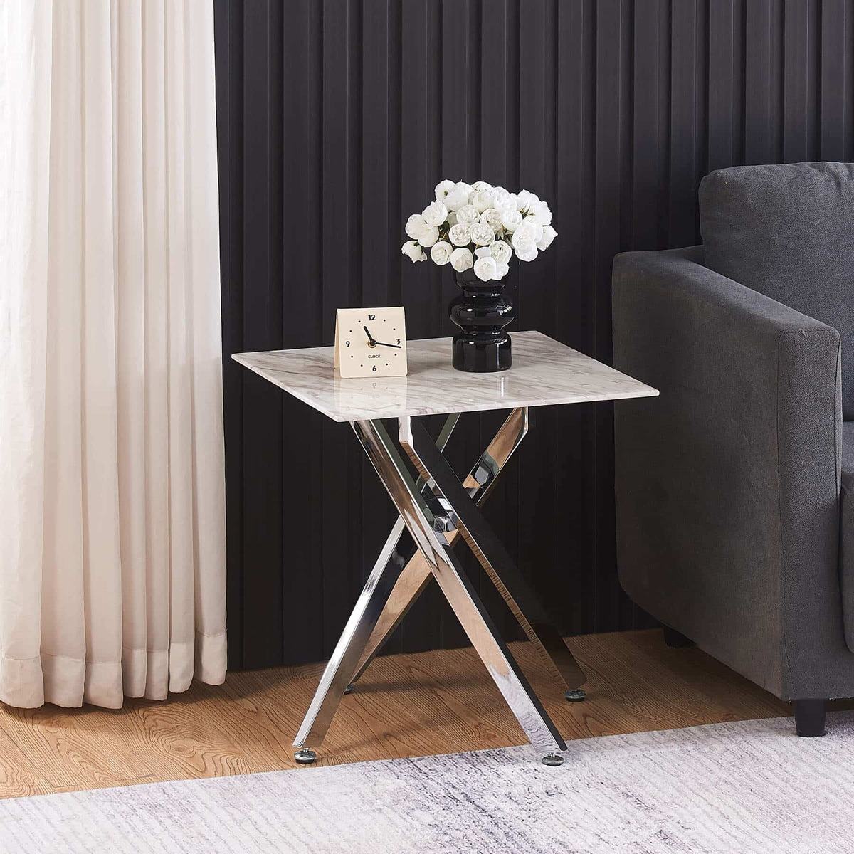 Scimitar Marble Effect Glass Lamp Table with Silver Legs