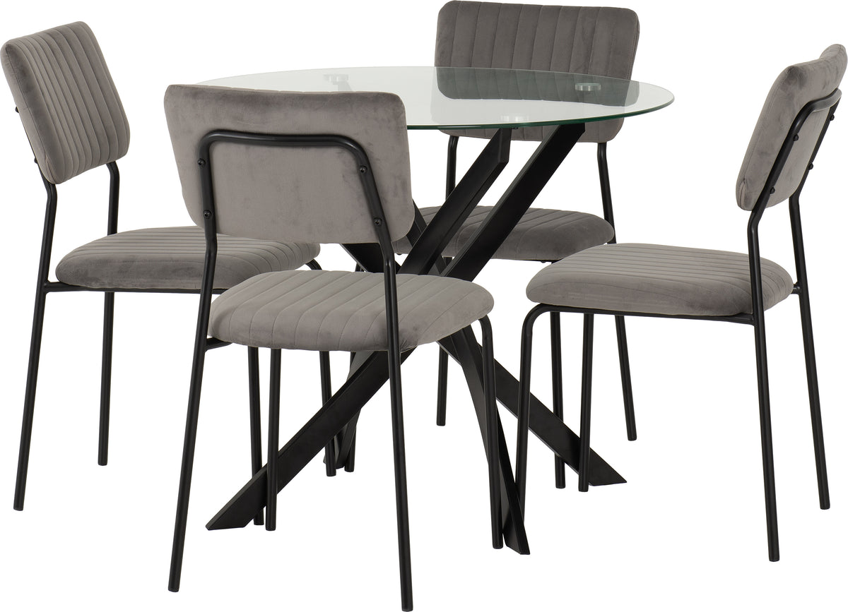 Sheldon Round Glass Top Dining Set - Clear Glass/Black/Grey Velvet Fabric