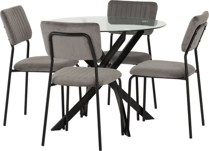 Sheldon Round Glass Top Dining Set - Clear Glass/Black/Grey Velvet Fabric