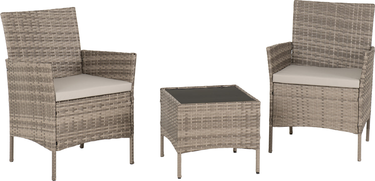 Willow 3 Piece Garden Set - Grey Rattan/Grey Fabric/Black Glass