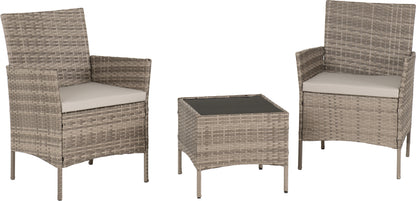 Willow 3 Piece Garden Set - Grey Rattan/Grey Fabric/Black Glass