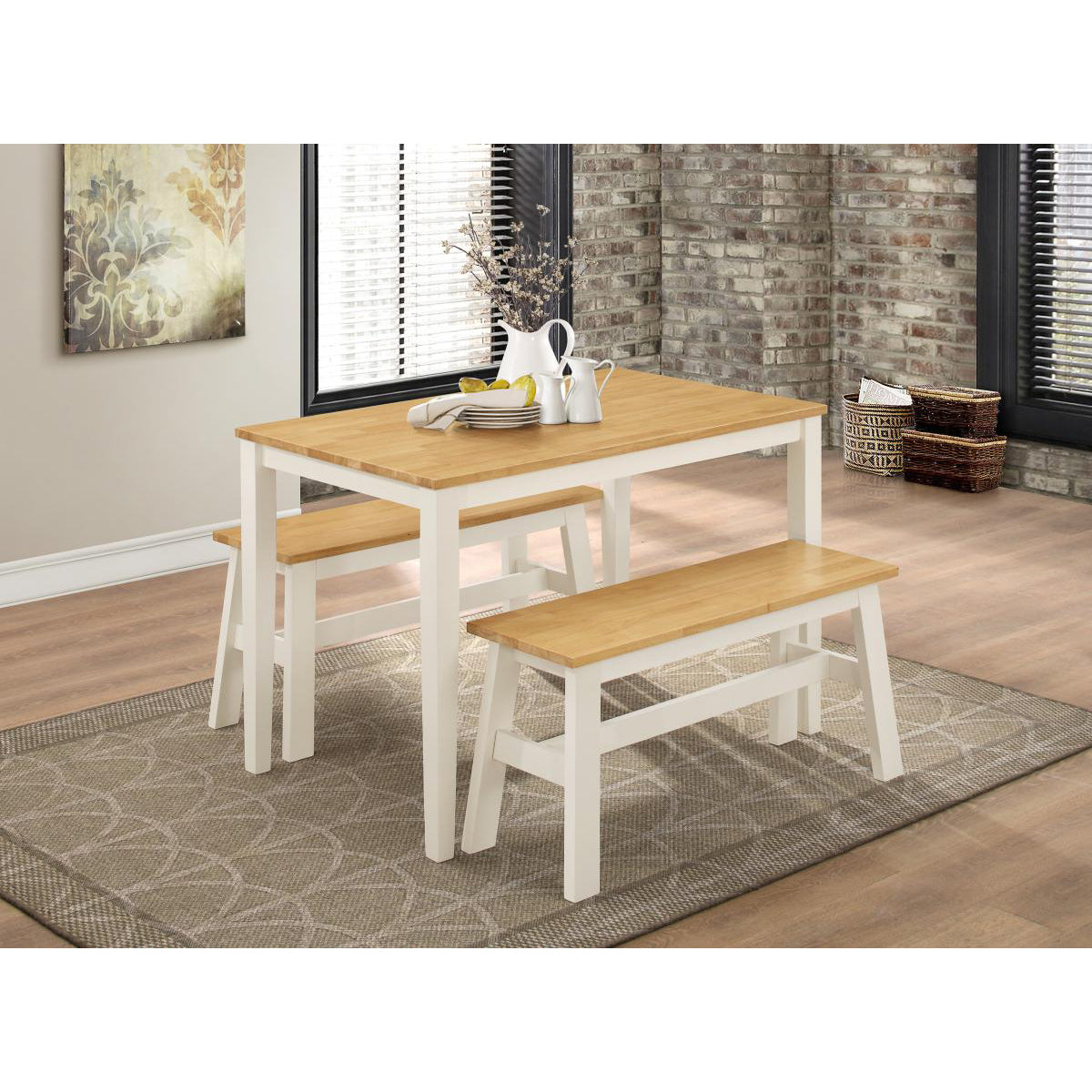 Washington Dining Set with 2 Benches Nat Oak & White - Oak, White