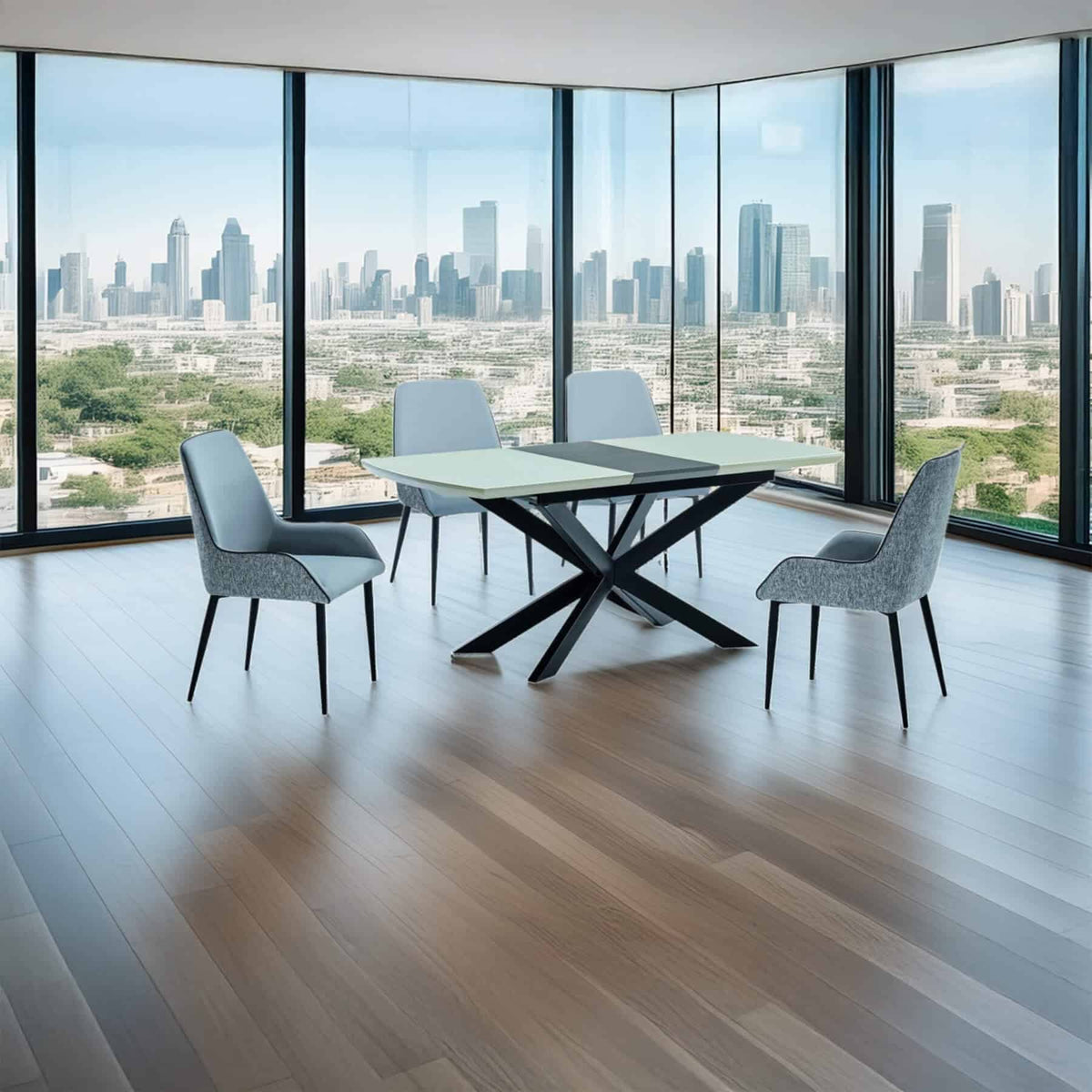 Windemere Super White Glass Dining Table with Wood Extension
