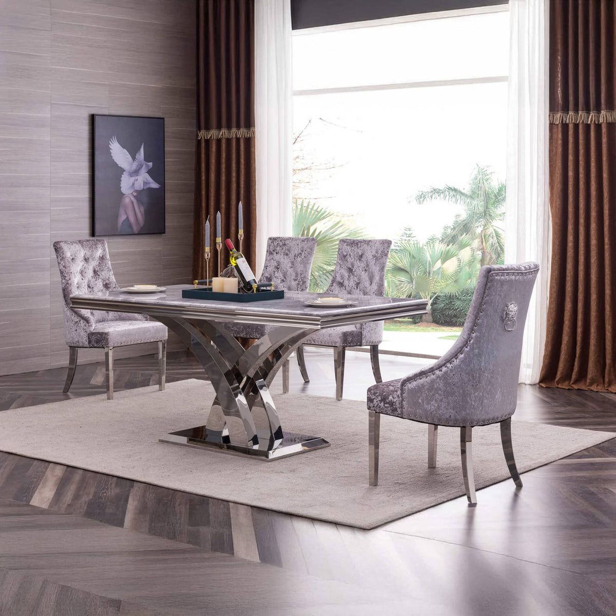 Zenith Velvet Fabric Dining Chair Grey with Stainless Steel Legs (Set of 2)