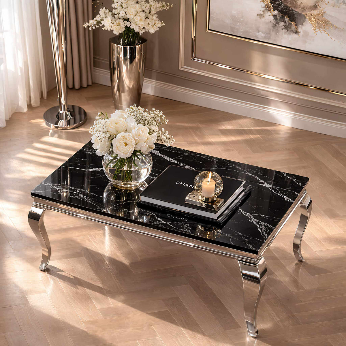 Arriana Marble Coffee Table with Stainless Steel Base