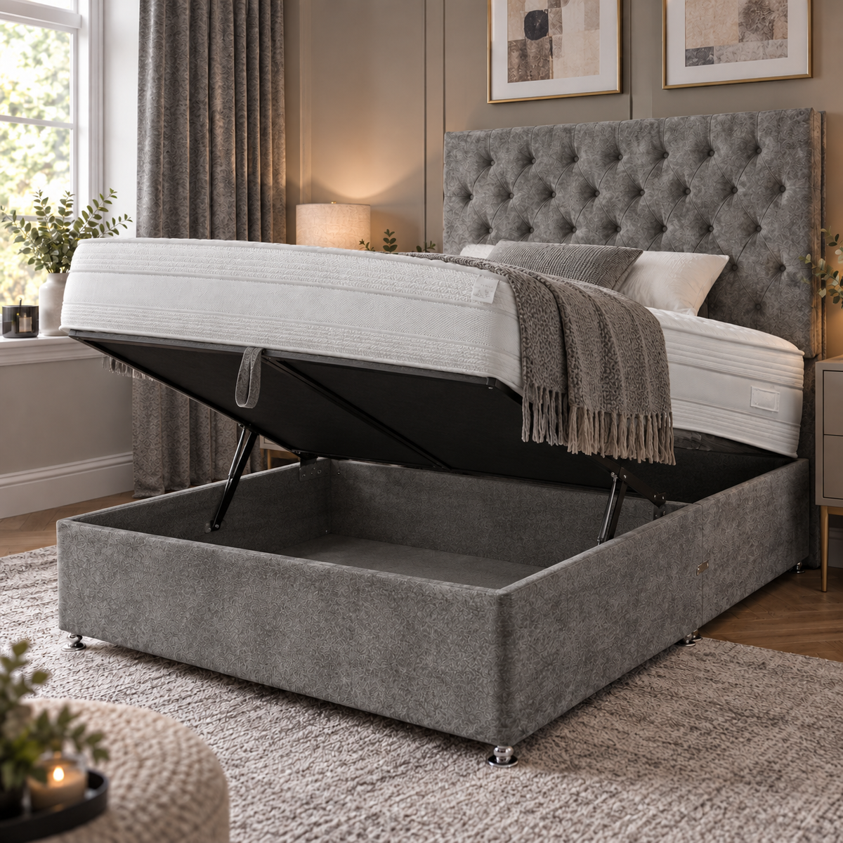 Plush Steel Ottoman Bed with gas-lift storage base raised
