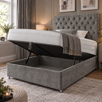 Plush Steel Ottoman Bed with gas-lift storage base raised
