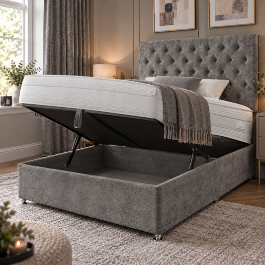 Plush Steel Ottoman Bed with gas-lift storage base raised