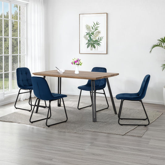 Quebec Straight Edge Dining Set with Lukas Chairs - Medium Oak Effect/Black/Sapphire Blue Velvet - Furniture Cash and Carry