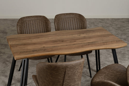 Quebec Wave Edge Dining Set - Medium Oak Effect/Black/Brown Faux Leather - Furniture Cash and Carry