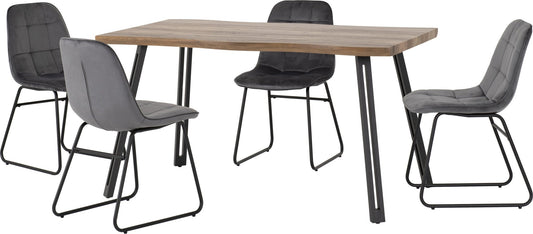 Quebec Wave Edge Dining Set with Lukas Chairs - Medium Oak Effect/Black/Grey Velvet - Furniture Cash and Carry