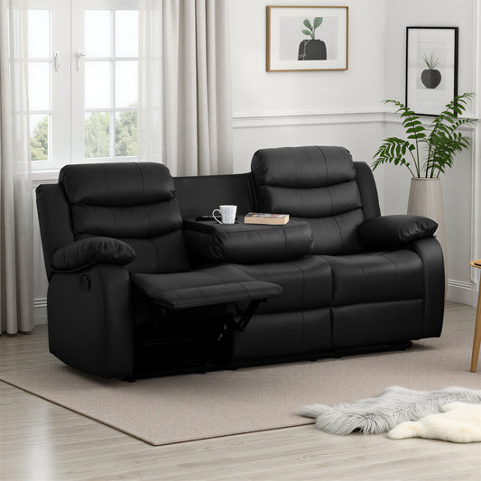 Roma 3 Seater Recliner Sofa - Black Faux Leather - Furniture Cash and Carry