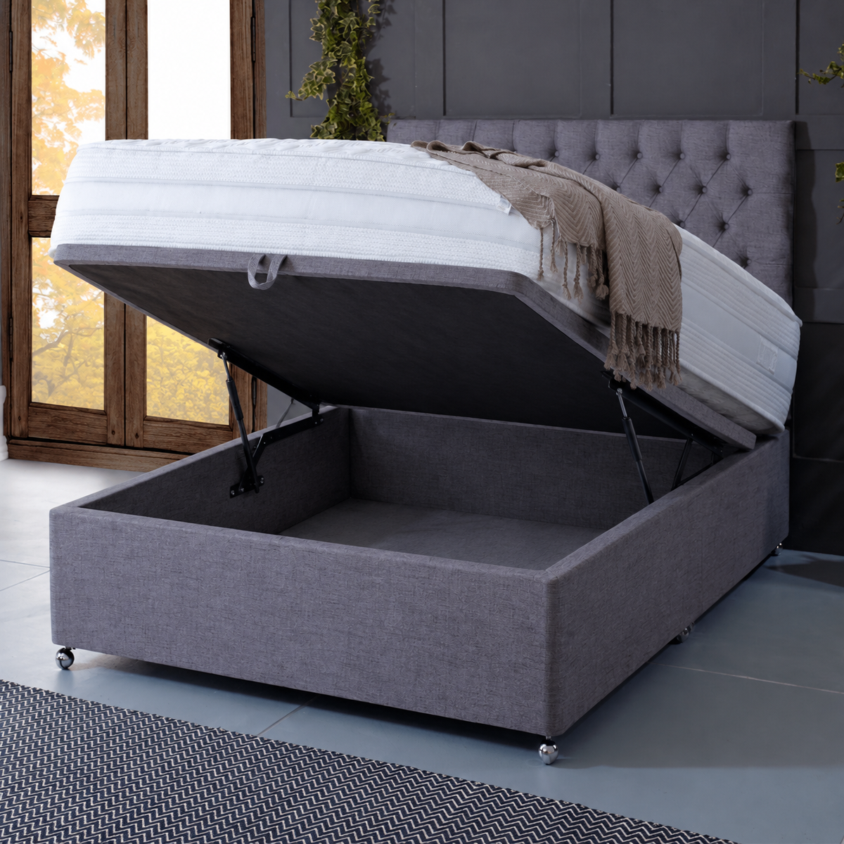 Warwick Grey Ottoman Bed with gas-lift storage base raised