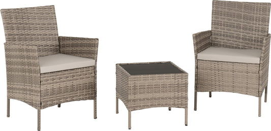 Willow 3 Piece Garden Set - Grey Rattan/Grey Fabric/Black Glass - Furniture Cash and Carry